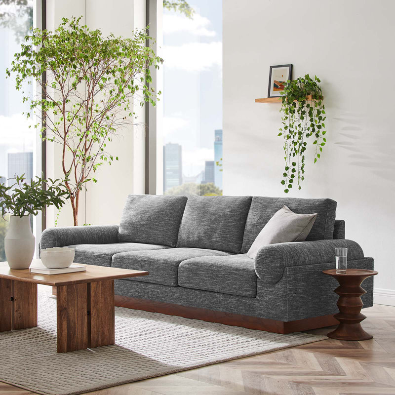 Gray Faux Leather Modern Sofa with Brown Wood Base