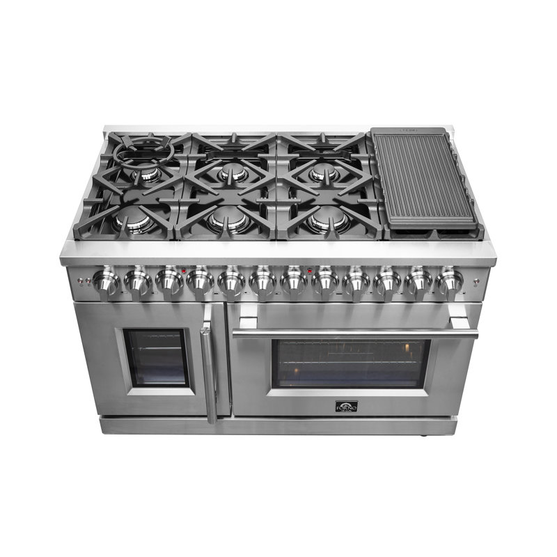 Alta Qualita Massimo Cuisinière autoportante à double combustible en acier inoxydable de 48 po, 8 brûleurs, 6,58 pieds cubes Fours doubles