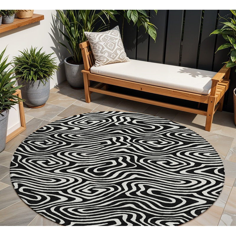 Tapis extérieur rond lavable noir et ivoire HomeRoots 8 pi