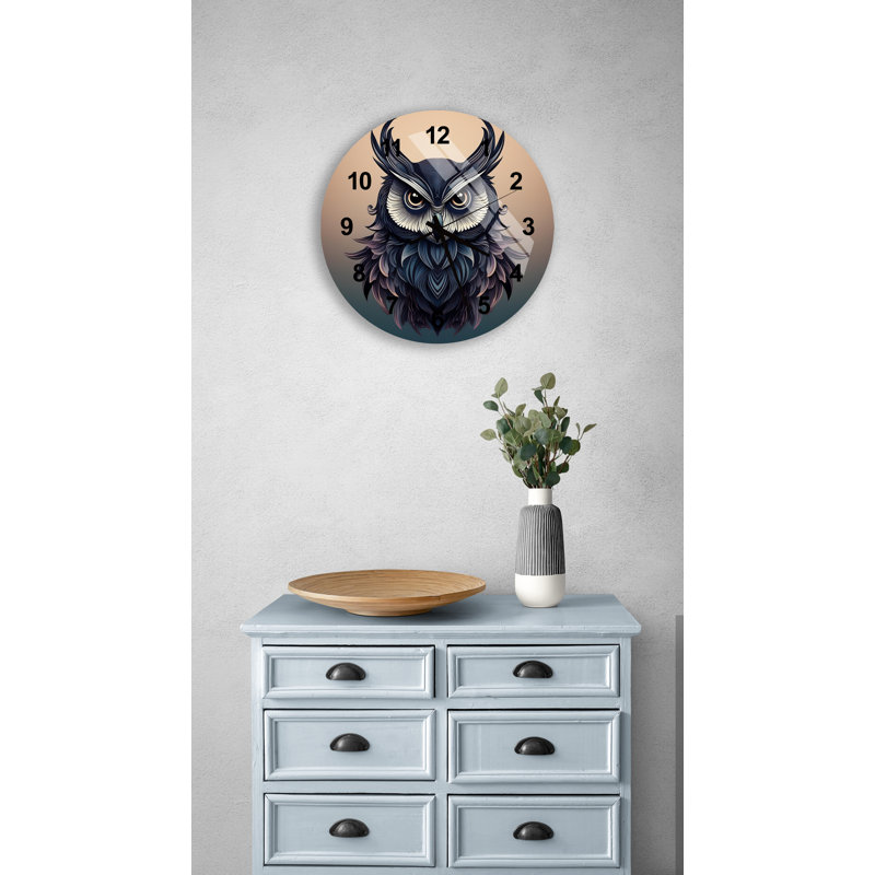 Horloge murale stylisée en forme de hibou cornu en verre trempé bleu et mauve, Noir