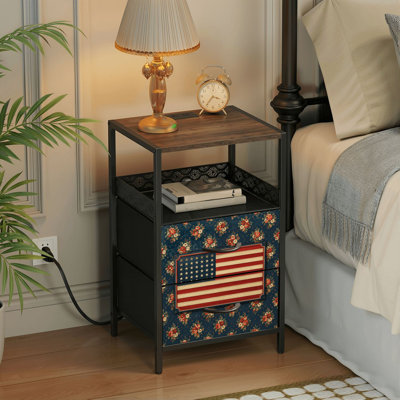 2 Drawers Nightstand with Charging Station, Bedroom Nightstand with USB Ports &amp; Outlets Open Shelf Black, night stand with Vintage American Flag Floral Navy Blue Print