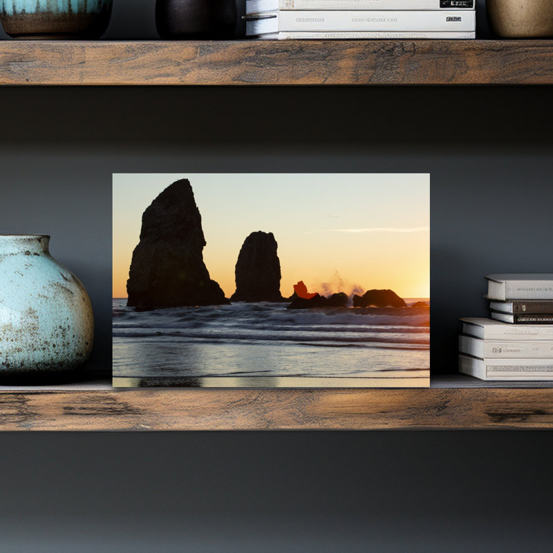 Seascape With Rock Objects At Sunrise, Cannon Beach, Oregon, Usa Contemporary Beach Wall Art, H 12 po x l 18 po