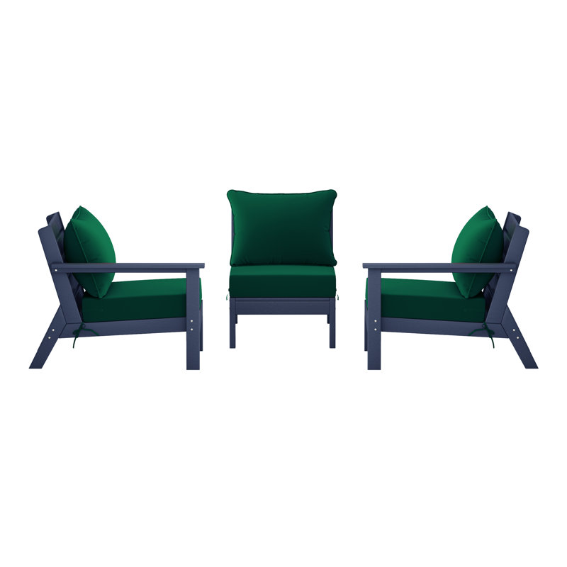 Ensemble de conversation à assise profonde 3 pièces avec coussins, Green, Navy Blue
