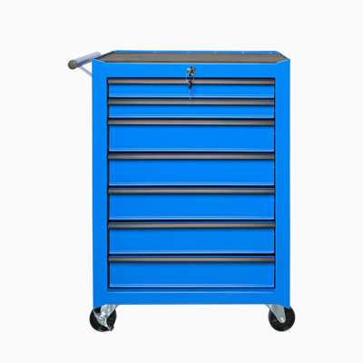 Coffre à outils roulant en métal avec 7 tiroirs, armoire à outils à 7 tiroirs de 20 po avec glissières à roulement à billes, coffre à outils en acier - Bleu