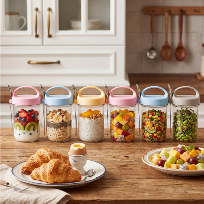 Paquet de 6 contenants pour avoine de nuit, pots en verre d'avoine de 500 ml avec couvercles à poignée et cuillères, gobelets à déjeuner étanches pour salade de yogourt aux céréales