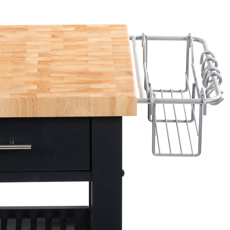 Midnight Navy Rubber Wood Butcher Block Kitchen Cart with Storage