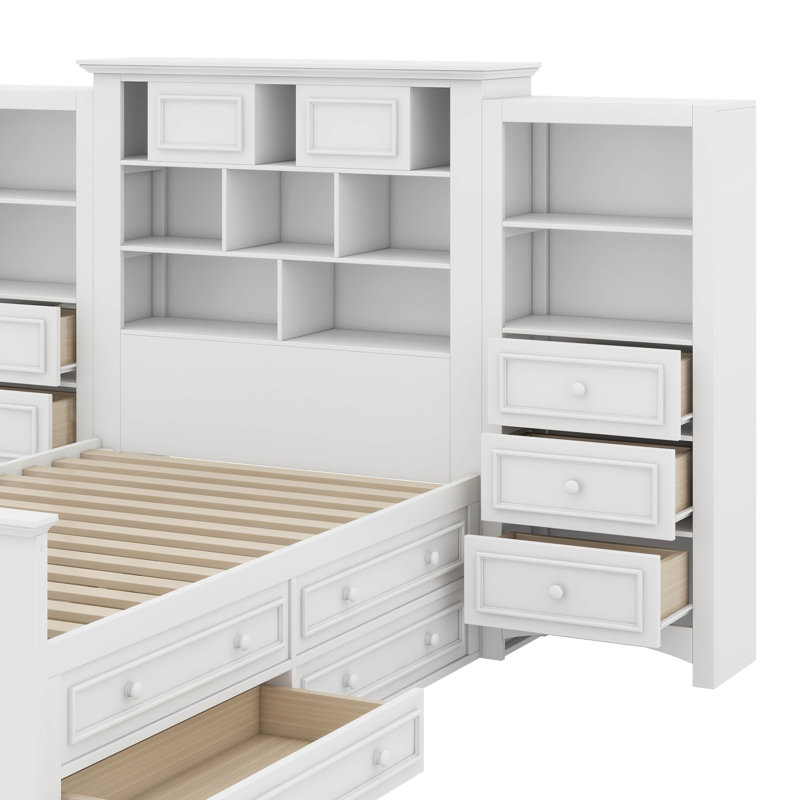 Lit plateforme simple avec armoire verticale et 4 tiroirs, Blanc