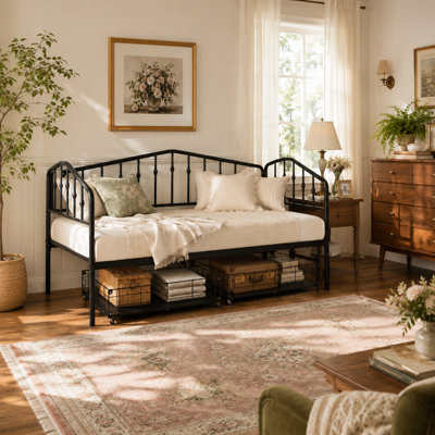 Lit double en métal avec 2 grands tiroirs de rangement, lit plateforme robuste en fer pour la chambre et le salon