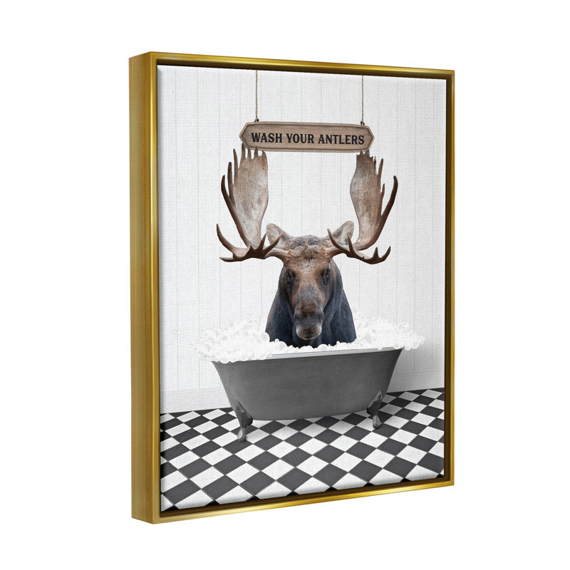 " Wash Your Antlers Moose ", Metallic Gold Floater Frame, 21" H x 17" W x 1.7" D