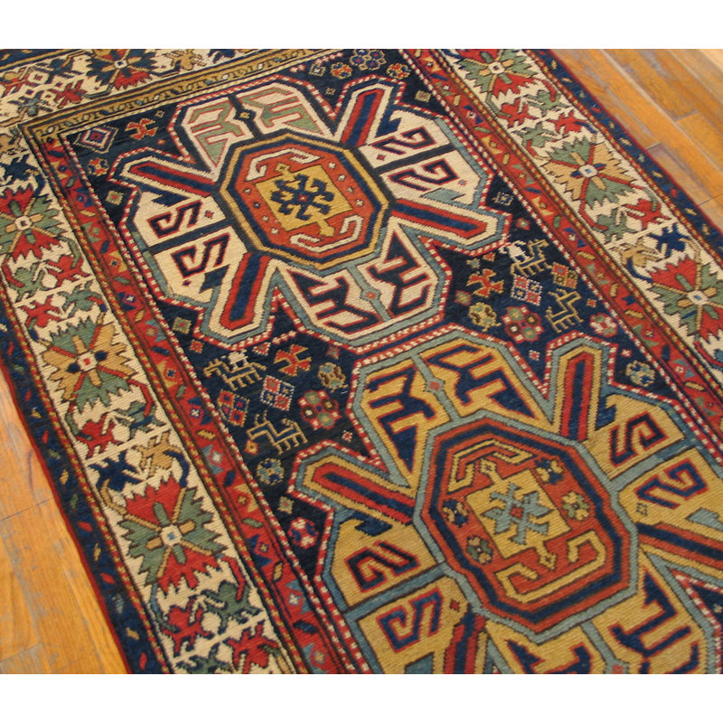 Antique Caucasian Allover Geometric Wool Hand Knotted Pile Blue 1880s Rug