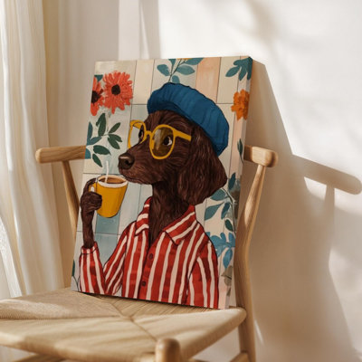 Framed Canvas Wall Art, Dog in glasses and hat sipping coffee, whimsical and vibrant illustration style. Wall Decor, Large Artwork for Living Room Bedroom, Ready to Hang, 24x36 Inch