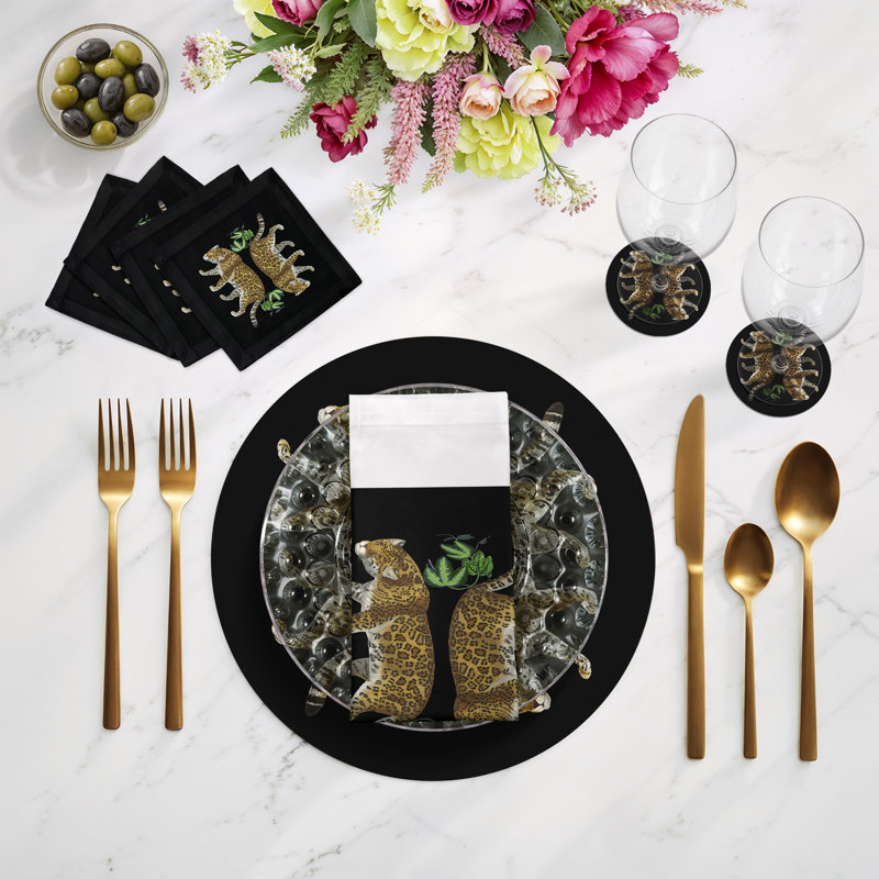 Sous-verres ronds en cuir vegan noir Leopard, Noir