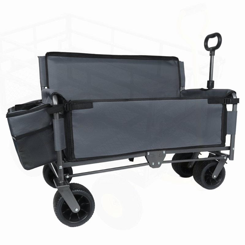 Chariot pliable 3-en-1 avec banquette et rangement, roues tout-terrain robustes, idéales pour le camping, la plage et les événements extérieurs