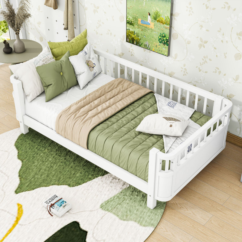 Multifunctional Wooden Platform Bed with Removable Rails, Twin, White
