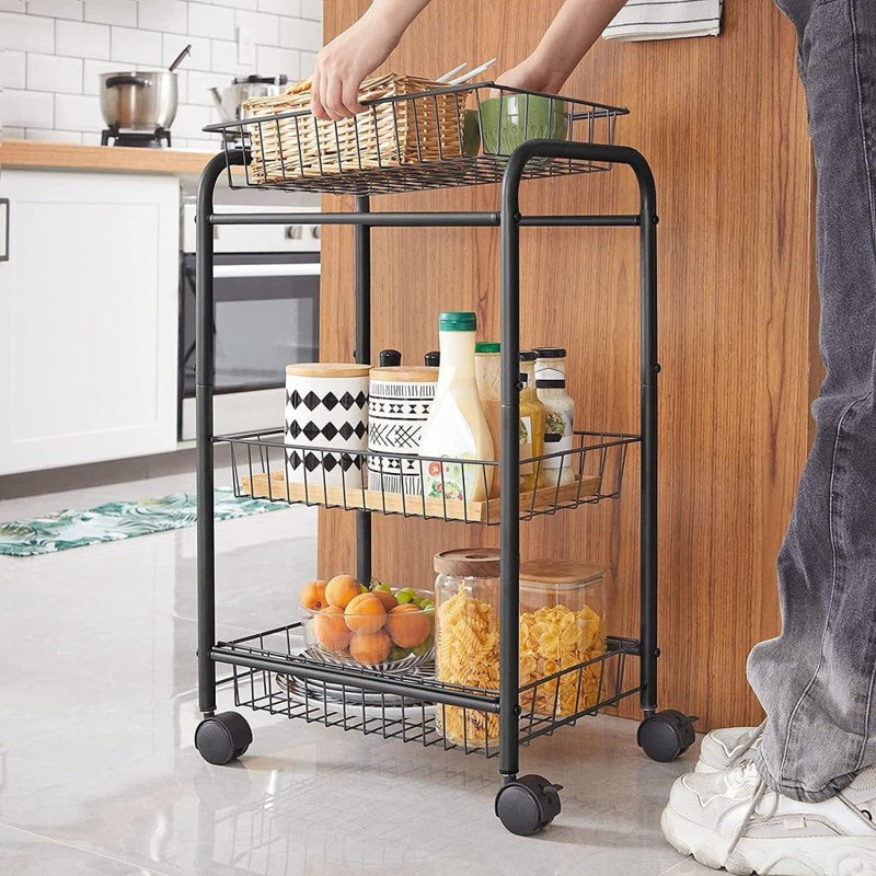Black 3-Tier Metal Rolling Storage Cart with Removable Baskets