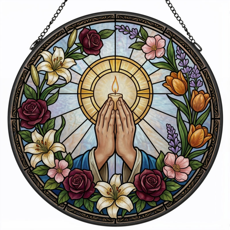 Praying Hands Stained Glass Window Panel，12"H, 12"H