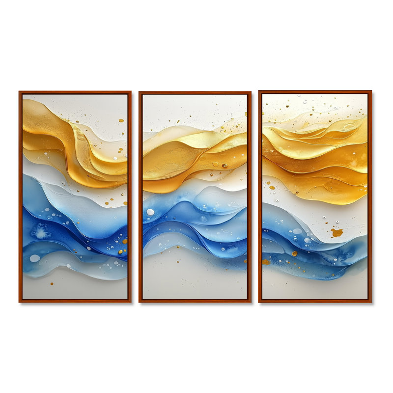 «Blue Yellow Dream Lines I», art mural vagues pour le salon, ensemble de 3, H 40 po x l 60 po, Brun