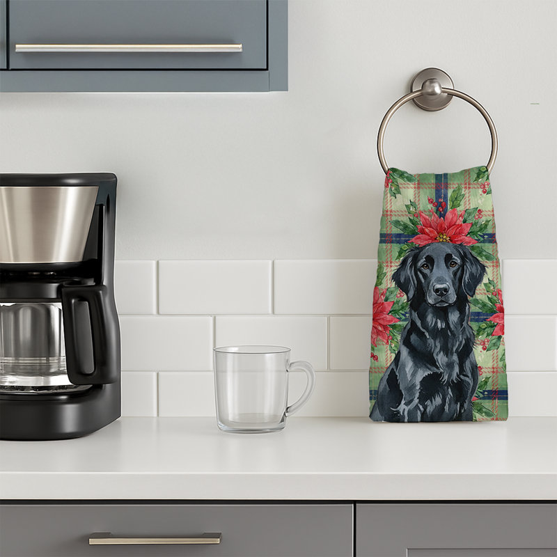 Black Flat-Coated Retriever Christmas PoinsettIas Kitchen Towel, Black Flat-Coated Retriever