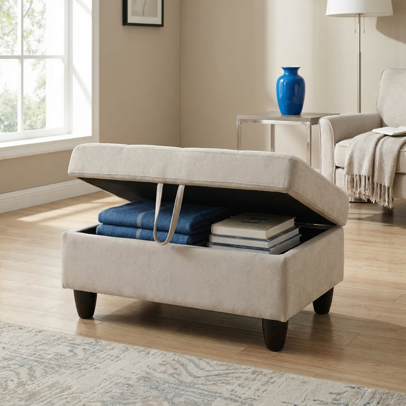 Grey White Storage Ottoman | Non-Pilling Fabric | X-Stitching | Solid Wood Frame