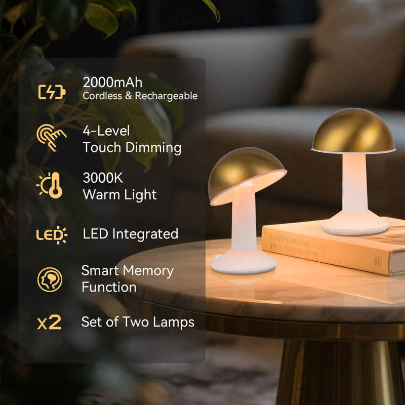 2 Pack Cordless LED Mushroom Lamps–4-Level Touch Dimmable with Memory, 55°Rotatable Head & Golden Finish, 2000 mAh Rechargeable Nightstand Lights for Bedside, Desk, Dining Room, Home Decro