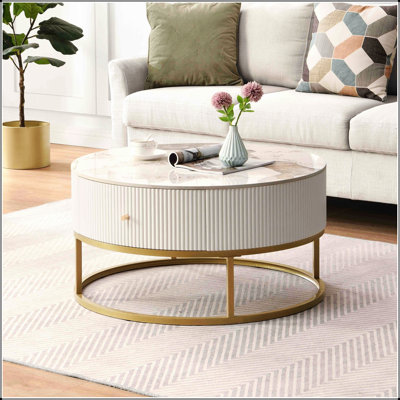 31.5 Inch Modern Round Faux Marble Coffee Table with Drawers, Perfect for Stylish and Functional Living Room Decor