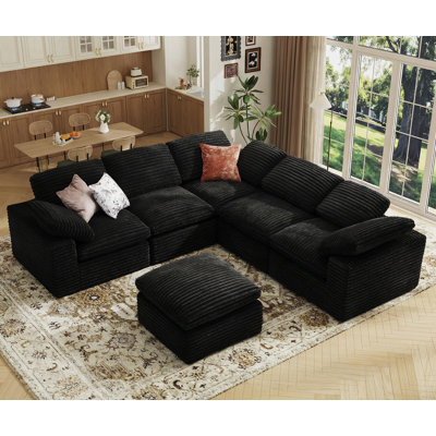 Canapé modulaire en velours côtelé en forme de V avec repose-pieds Cloud KKL 150 po, sans assemblage requis, noir