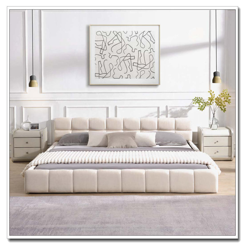 Lit tapissier en chenille avec motif en damier, Très grand lit