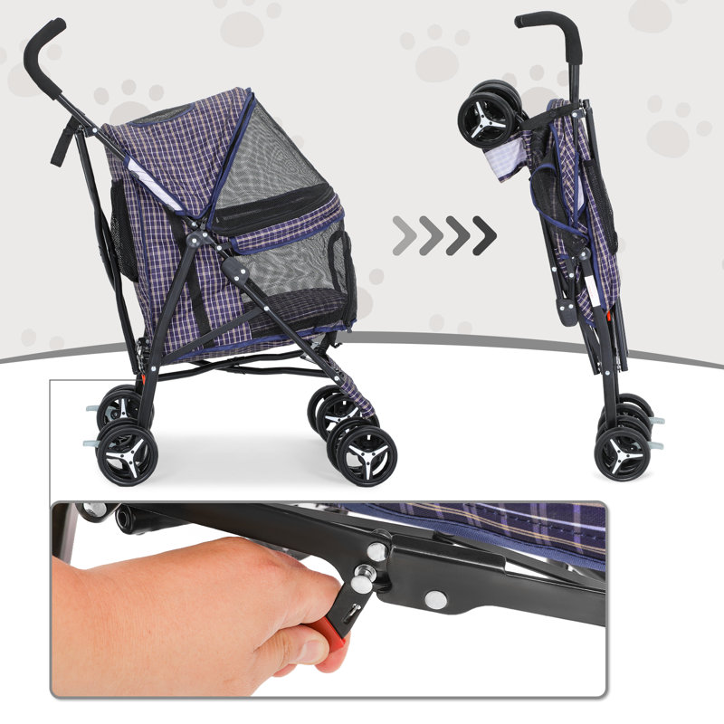 Plaid Steel Frame Foldable Pet Stroller with Rubber Wheels