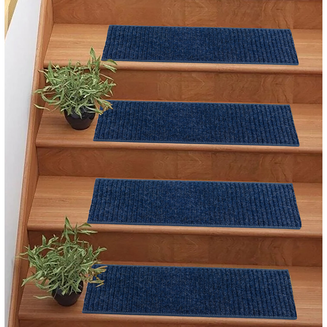 Non-Slip Washable Tough Striped Blue Design Stair Treads for Outdoor 9" x 36" (Set of 13) Purhome