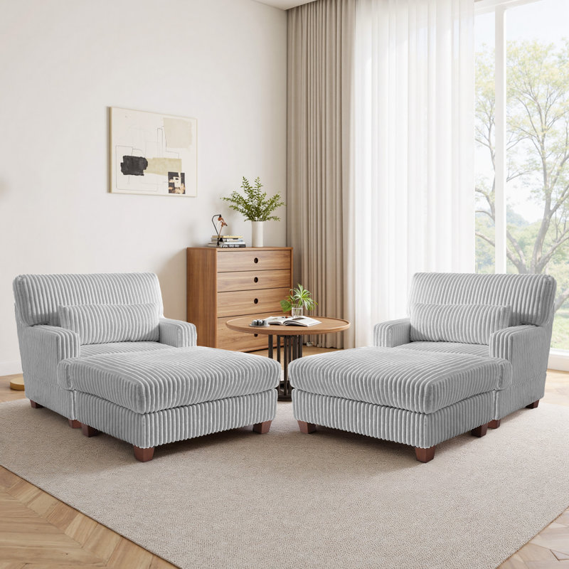 Modern Chaise Lounge Chair With Movable Ottoman And Pillow(Set Of 2), Gray