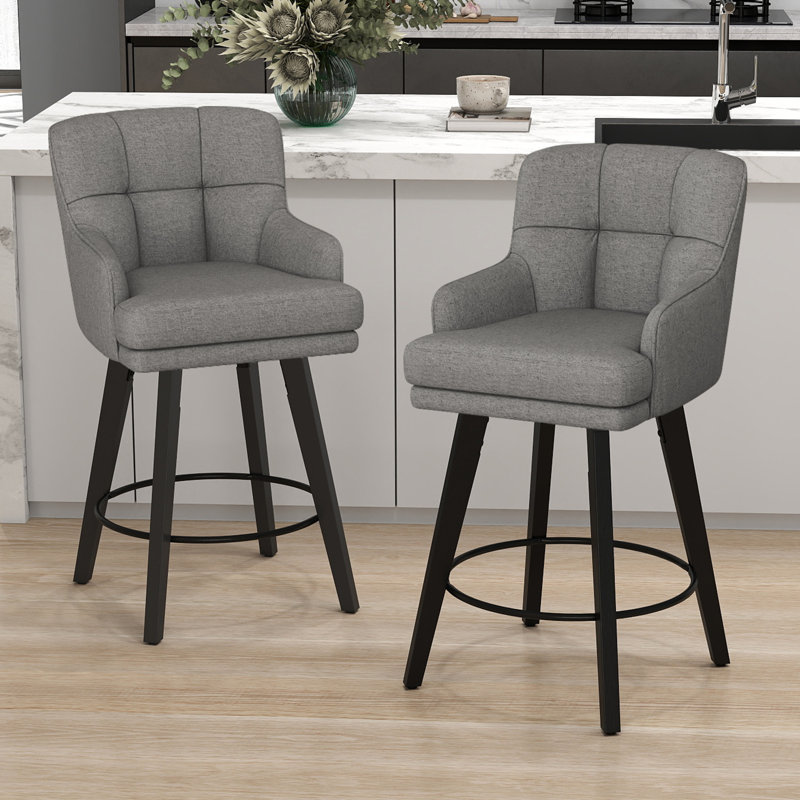 26''H Upholstered 360°Swivel Counter Height Bar Stools, Wood Legs Kitchen Island Chairs, 3, Mid Gray Seat/ Black Frame