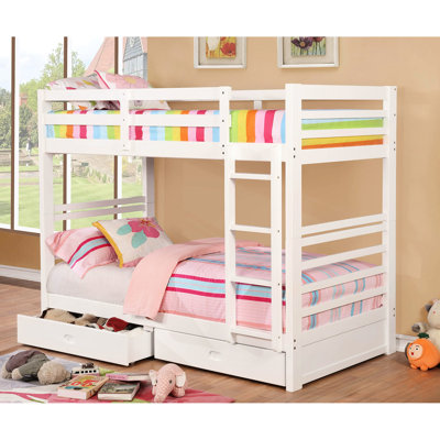 Twin Over Bunk Bed, Transitional, Solid Wood, Two Drawers, Attached , White, Bedroom