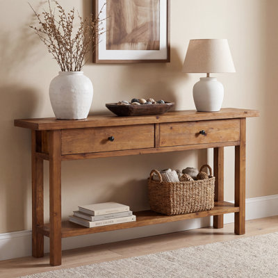 Console en bois massif de 62,99 pouces avec 2 tiroirs de rangement et des étagères