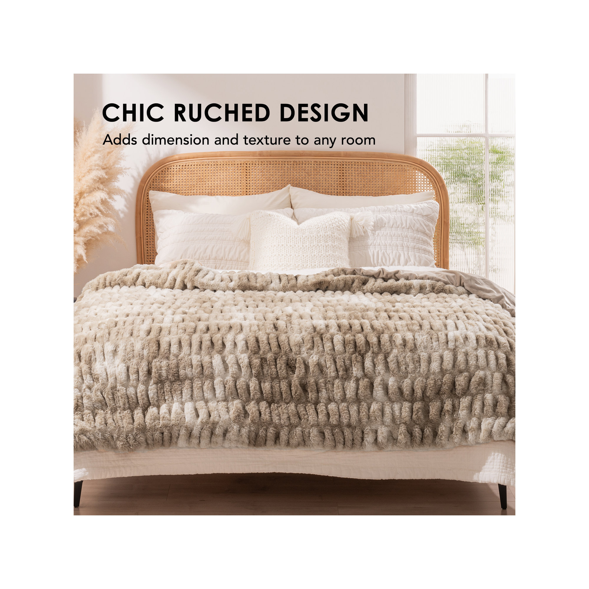 Ruched Bubble Faux Fur Throw Blanket, 50" W x 60" L, Beige