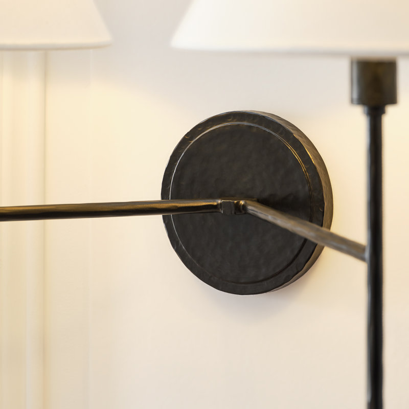 Chapman & Myers Ridgewood Bathroom Bedroom Wall Fixture With White Linen Shade, 14.25" H x 19" W x 9.375" D, Aged Iron