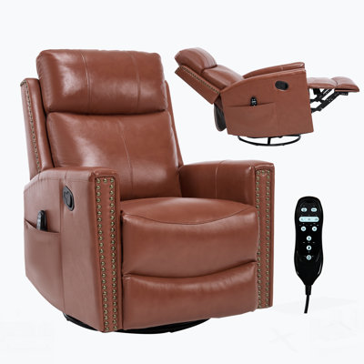 Genuine Leather Heat Massage Recliner With Rocker And Swivel, Perfect For Relaxation And Comfort In The Living Room.