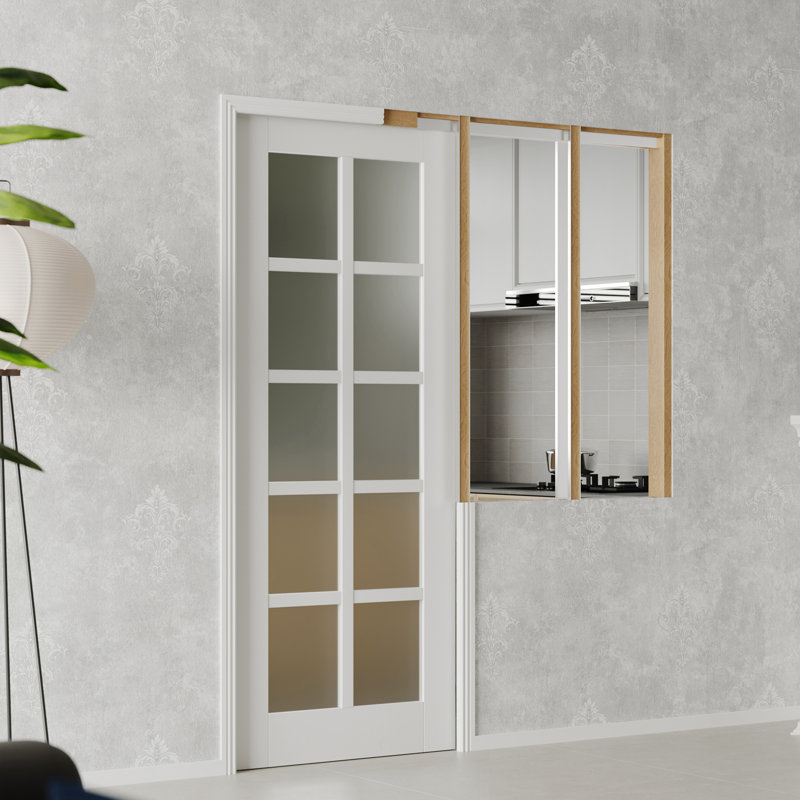 Porte coulissante à fermeture à glissière avec panneau en verre givré blanc à panneau coulissant 10 portes et garde-manger (cadre de porte à gousset inclus)