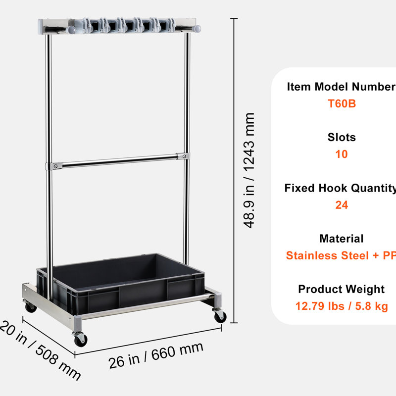 Support à outils de jardin, 10 fentes pour balai, vadrouille, organisateur de jardin avec 24 crochets fixes et 4 roues pivotantes, organisateur de tour gris de qualité industrielle, outils, crochets de rangement pour roues de rangement de garage, acier inoxydable