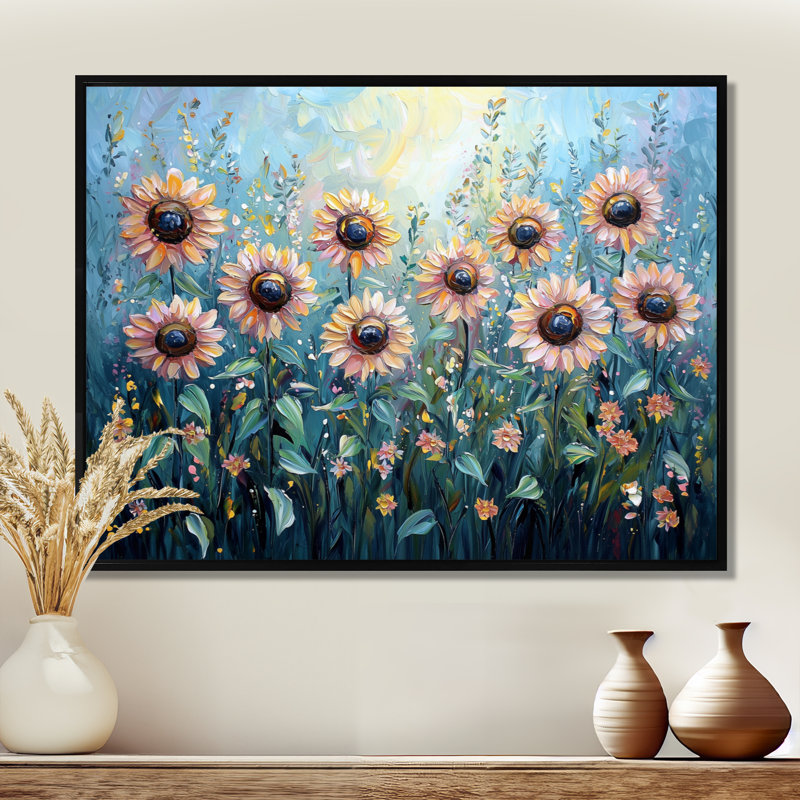 Dotha Spring Symphony of Blue Sunflowers I - Art mural de tournesols pour le salon, H 34 po x l 44 po, Noir, noir, noir, noir