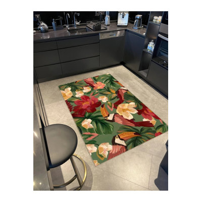 Green Themed Leaf And Flower Patterned Modern Decorative Carpet