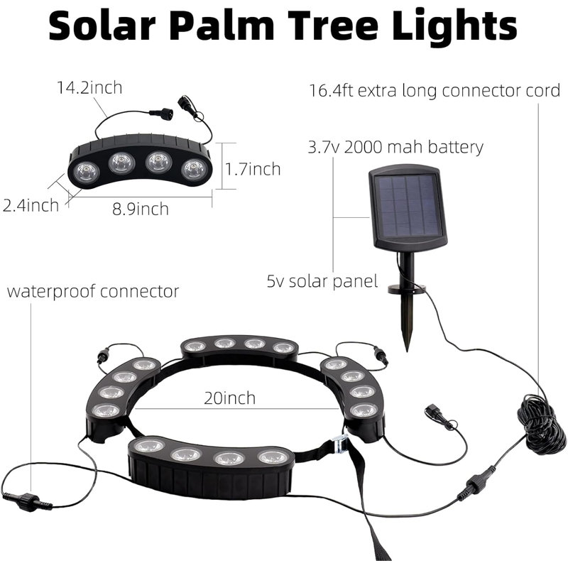 Anneau solaire de palmier solaire avec éclairage paysager 360 °, piquet 3-en-1, cravate et installation suspendue