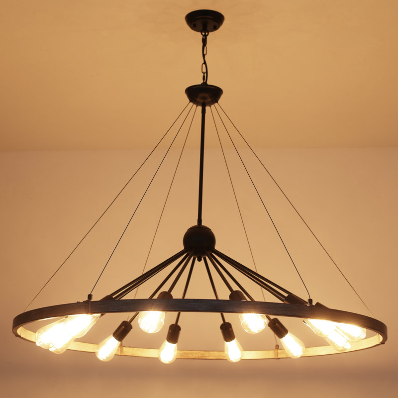 Kelcie 12- Light Large 43.3'' Dimmable Sputnik Wagon Wheel Chandelier, Black+Brown, 31.49"H x 43.3"W x 43.3"D