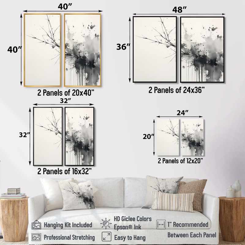 Noir et blanc Pure Serenity I - art mural moderne sur toile 2 panneaux, H 36 po x l 48 po, Impression encadrée flottante