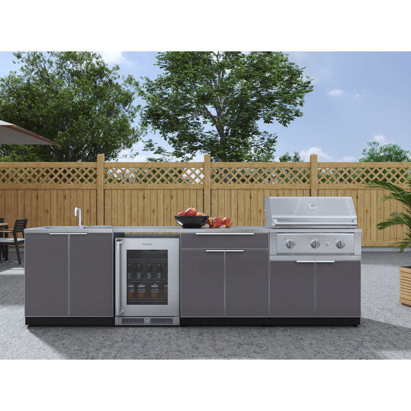 Ensemble d'armoires en aluminium pour l'extérieur Barbecue au gaz naturel performant et réfrigérateur, Gaz naturel, Gris