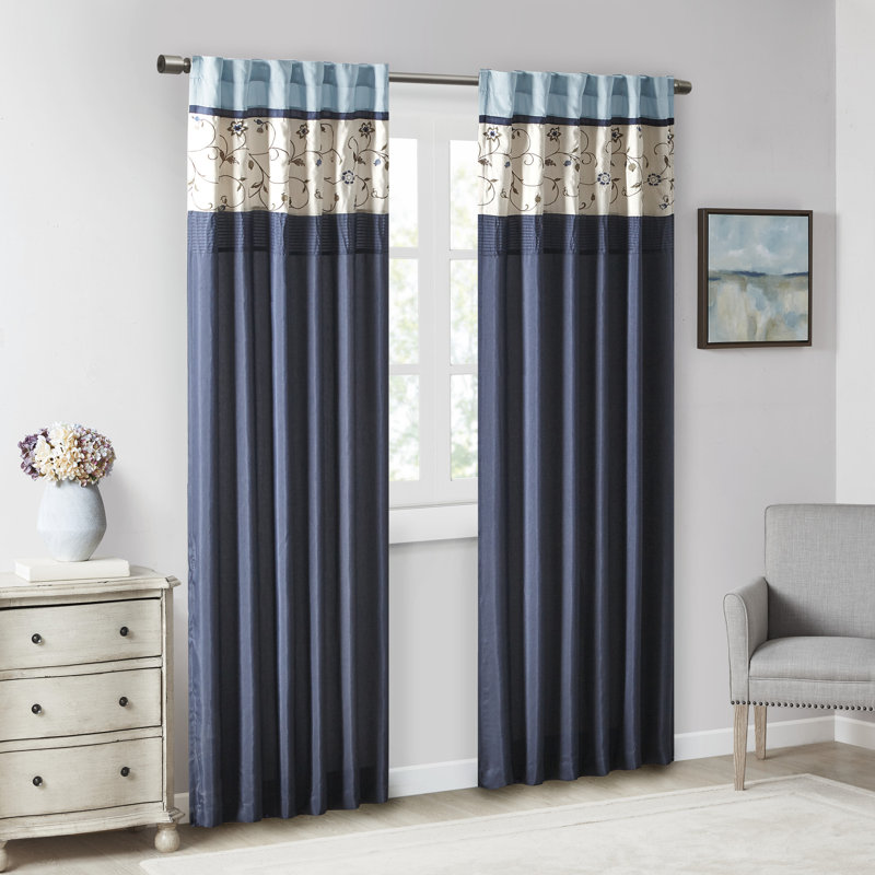 Navy Embroidered Light Filtering Pleated Curtain Panel