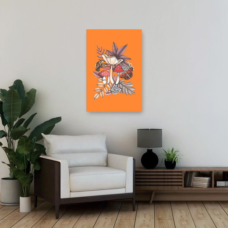 Autumn Mushroom Butterflies Vibrant Abstract Contemporary Butterfly Fly Autumn Forest Wall Art Print 1 Piece Wrapped Canvas Wall Art