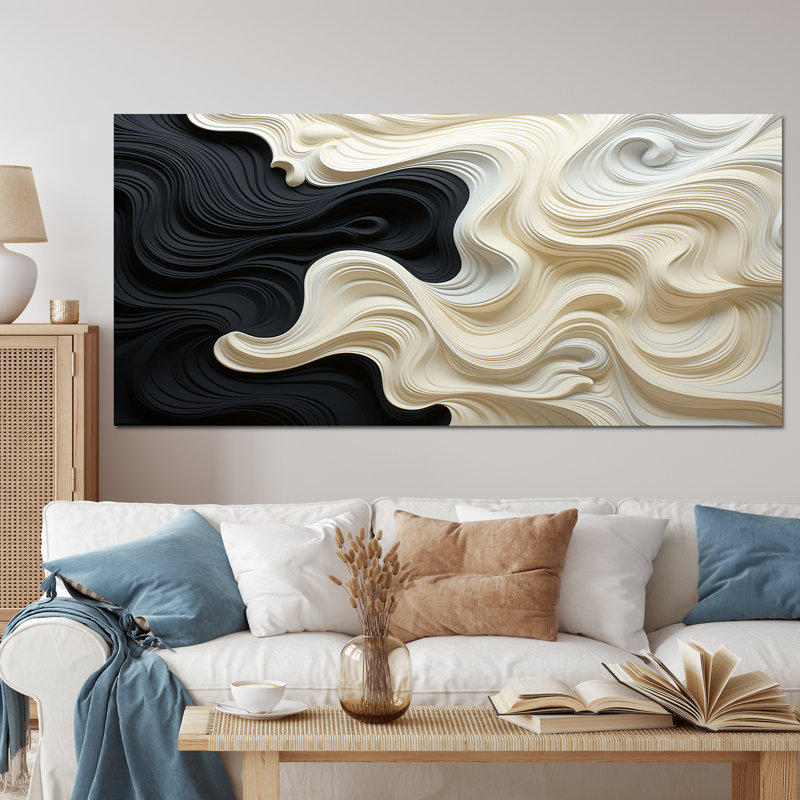 Noir blanc opt art contrastant des vagues - art mural Op Art, Toile tendue, H 28 po x l 60 po, Sans cadre