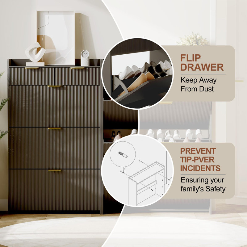 Modern Shoe Cabinet With 3 Flip Drawers & 2 Small Drawers & Hook, Black