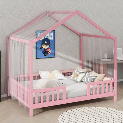 Lit pour enfant avec baldaquin, cadre de lit double en forme de maison pour enfants, lit pour tout-petits à haut bord pour enfants Montessori