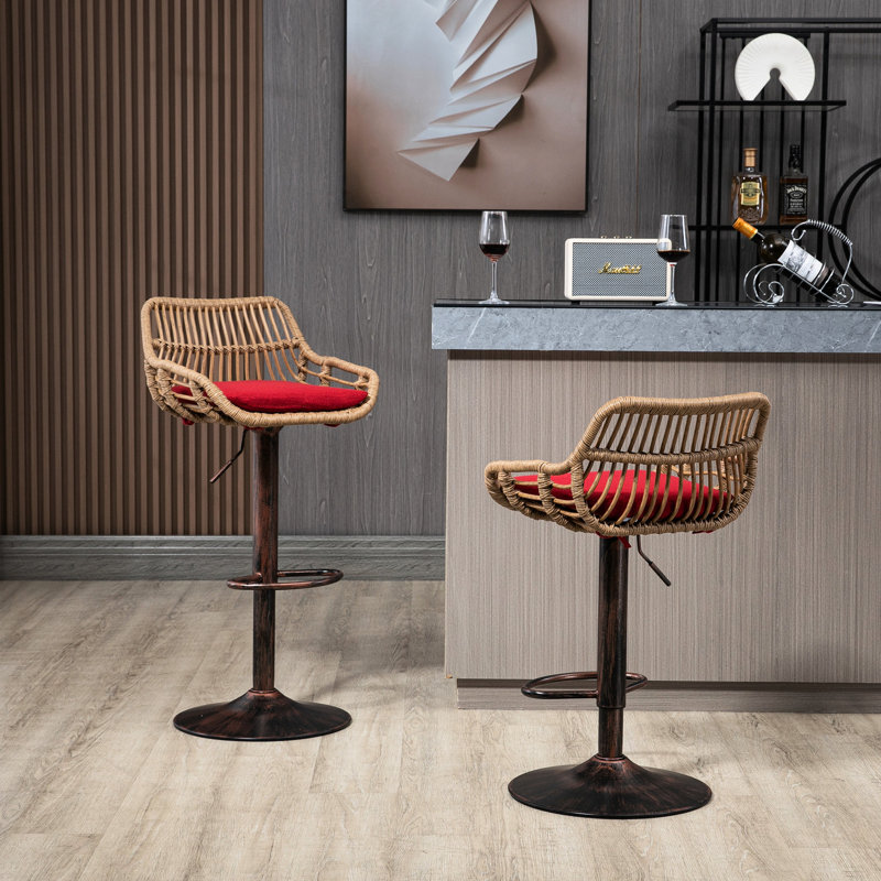 De 2 tabourets de bar rouges, réglables avec repose-pieds pour la cuisine et la salle à manger, base en métal, capacité de 250 lb, coussin de siège en lin, tabourets modernes 2, et charge